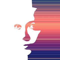 Face front view. Elegant silhouette of a female head. Portrait of a happy smiled woman. Gradient paint horizontal lines