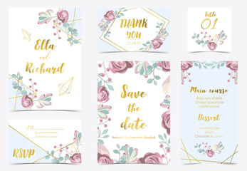Fototapeta na wymiar Pink blue gold geometry wedding invitation with rose,flower,heart and leaves.Vector birthday invitation for kid and baby.Editable element