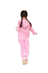 Cute of little child girl in pink tracksuit or sport cloth jumping on air isolated on white background. Freedom kid movement concept. Rear view.