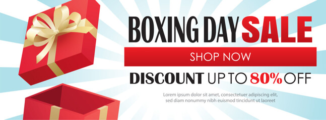Boxing day sale with red gift box advertising poster template. Use for flyer, banner, christmas seasonal offer, discount.