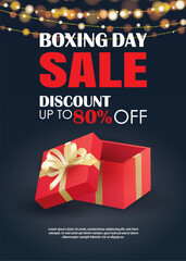 Fototapeta na wymiar Boxing day sale with red gift box advertising poster template. Use for flyer, banner, christmas seasonal offer, discount.