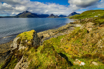 Beautiful mountains landscape of Scotland nature with beautiful evening cloudy sky.