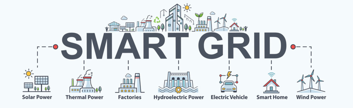 Smart grid banner web icon for sustainable energy and Industrial,  solar power, thermal, hydroelectric, electric vehicle, smart home and wind power. Minimal vector infographic.