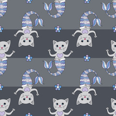 Cat mermaid vector seamless pattern. Hand drawn abstract kitty cartoon background. Swimming cute pets characters.