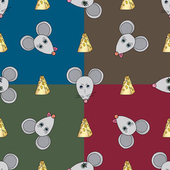 Rat characters vector seamless pattern. Mouse animal with cheese. Hand drawn cartoon cute pets background.