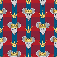Rat king character vector seamless pattern. Mouse animal with crown. Hand drawn cartoon cute pets background.