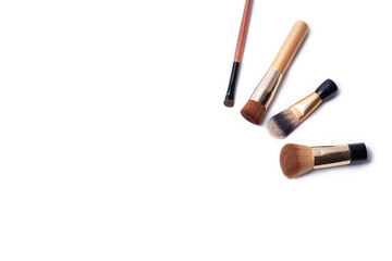 Set of make up brushes for face and eyes. Essential tools for applying make up product on face. Make up banner with copy and design space.