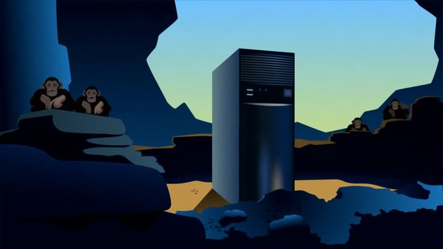 Computer and Primates Primates examine the found computer. Looped animation.