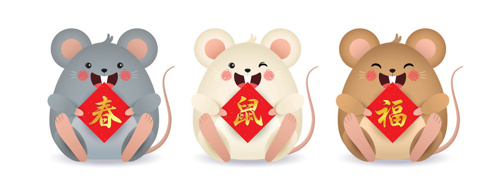 2020 year of the rat. Cute cartoon mouse with chinese couplet isolated on white background. Chinese new year design element. (caption: spring, rat & blessing)
