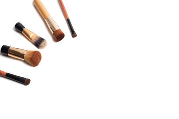 Set of make up brushes for face and eyes. Essential tools for applying make up product on face. Make up banner with copy and design space.