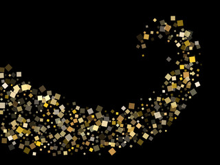 Stylish gold square confetti sparkles flying on black. Rich New Year vector sequins background. Gold foil confetti party particles texture. Overlay sparkles invitation backdrop.