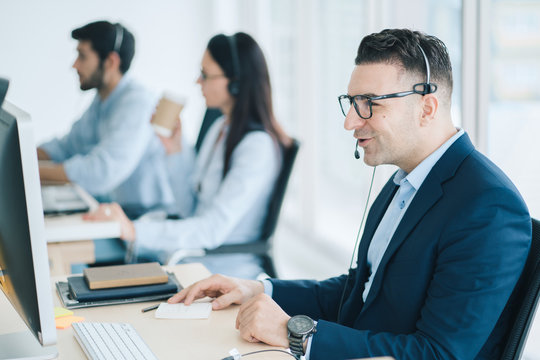 Service Team Concept. Operator or Contact Center Sale in Office, Information People Call Center, Quality Professional Team Sales Support Office. Environment Workplace Representative Company. 