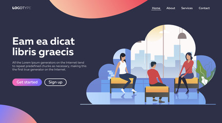 Flat vector illustration of woman advising a couple. Counselling, stress, advice, therapy. Psychological counselling concept for banner, website design or landing web page