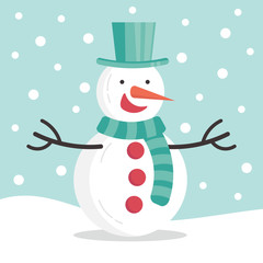 Snowman Christmas winter holiday theme with hat and scarf on snowfall green background. cartoon character flat vector illustration.