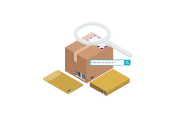 Parcel package order tracking flat 3d isometry isometric business online store shop delivery concept web vector illustration. Big box on magnifier and micro customers. Creative people 