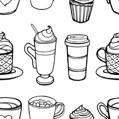Coffee icons seamless pattern. Vector hand draw illustration.
