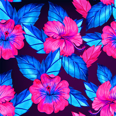 Seamless hibiscus summer fashion floral pattern. Tropical flowers and exotic leaves. Watercolor illustration on neon rainbow background