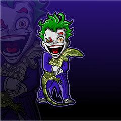 The cartoon joker is hugging a monitor lizard.