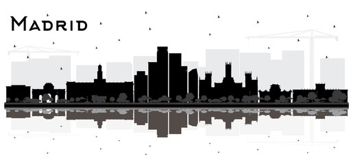Madrid Spain City Skyline Silhouette with Black Buildings and Reflections Isolated on White.