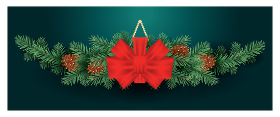 Christmas Decoration with Red Bow on Fir Tree Branches with Cones. Green Background.