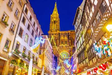Festive Christmas illumination and decorations on streets of Strasbourg - capital of Christmas, Alsace, France. - 302831119