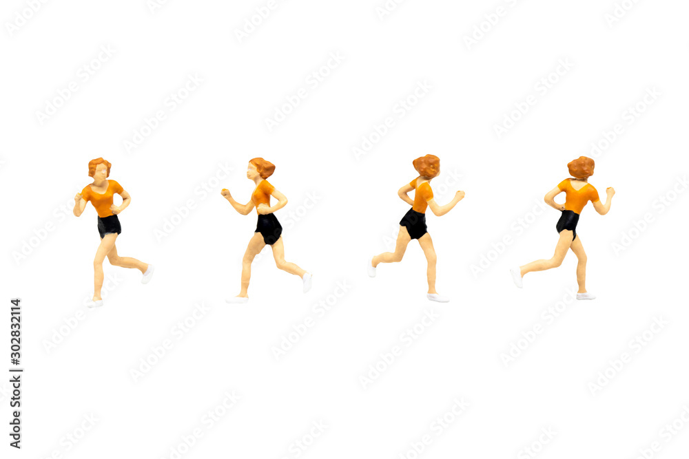 Wall mural miniature people figure character as runner in posture isolated on white background.