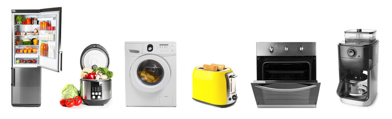 Set of modern household appliances on white background