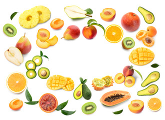Composition with many different fruits on white background