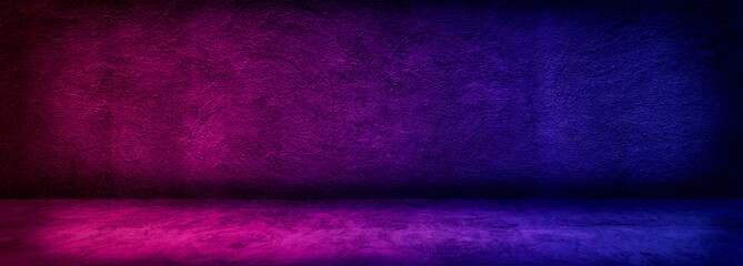 Abstract image of Studio dark room with lighting effect red and blue on concrete wall gradient...