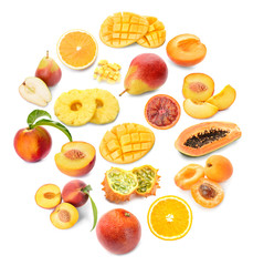 Many different fruits on white background