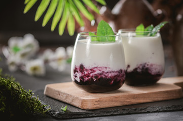 Homemade dessert panna cotta with berry sauce and mint