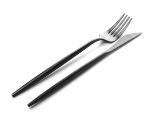 Clean cutlery on white background