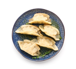 Plate with tasty Japanese gyoza on white background