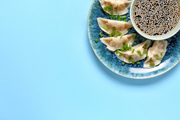 Plate with tasty Japanese gyoza and sauce on color background
