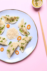 Plate with tasty Japanese gyoza and sauce on color background