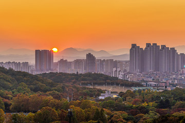 DAEGU, SOUTH KOREA - NOVEMBER 4, 2019:  Sunset view of Daegu city from Daegu E-World in autumn time.