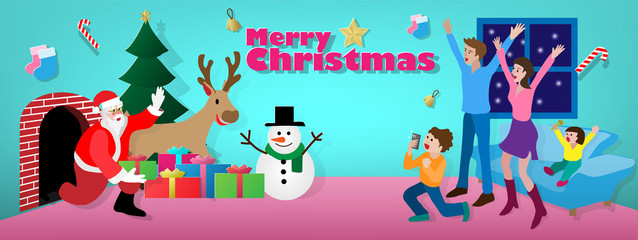 Naklejka premium The Merry Christmas cartoon banner background picture of the Santa Claus come out form the chimney at the night of celebration, but he is surprised by the waiting family. 
