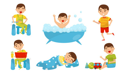 Boys day routine. Vector illustration on a white background.