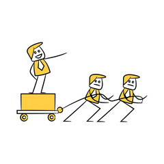 businessman boss and employee pulling trolley for bureaucracy concept, doodle stick figure 