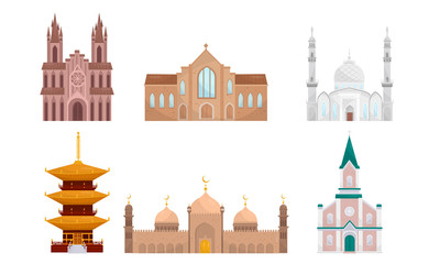 Religious historical buildings of different countries. Vector illustration.