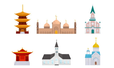 Traditional buildings of different religions. Vector illustration.