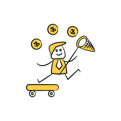businessman catching money on skateboard yellow doodle stick figure
