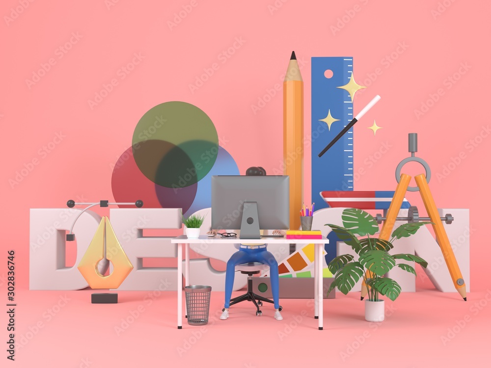 Fototapete Girl web designer in a working environment. 3d icons and graphic design elements on a pink background. Concept illustration for web page or banner. 3d rendering.