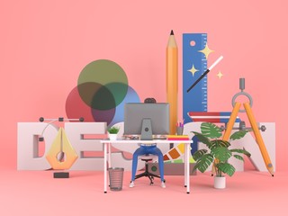 Girl web designer in a working environment. 3d icons and graphic design elements on a pink background. Concept illustration for web page or banner. 3d rendering. - 302836746