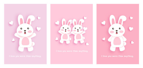 Obraz na płótnie Canvas Set of valentine's cards with cute rabbits.