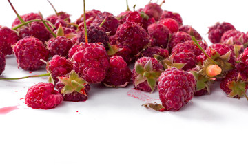 Fresh organic raspberries close up on white background. Summer berries harvest concept. Vegan, vegetarian, raw food. Banner