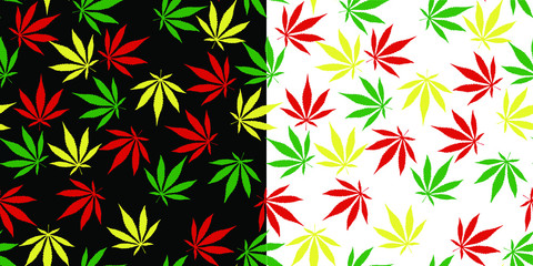 Marijuana seamless pattern 2 variation, Weed vector, cannabis leaf tile background, ganja isolated repeat wallpaper black and transparent background vertion, rastafari colors red green and yellow