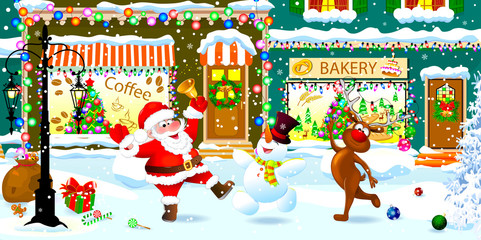 Santa, snowman and reindeer celebrate Christmas on a city street