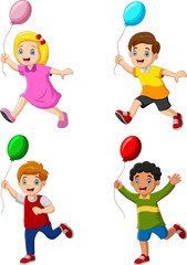 Happy kids holding balloon and running