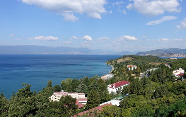 Resort area in the early morning on Lake Ohrid in Northern Macedonia
